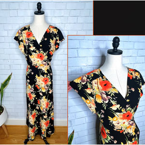 Anthropologie Dark Floral WRAP Midi "Home Spun Romance" Dress Black  L 10 12